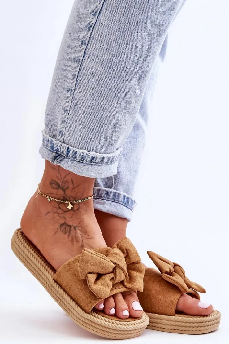 New Boto Damskie Zamszowe Klapki Z Kokardą Camel Fency