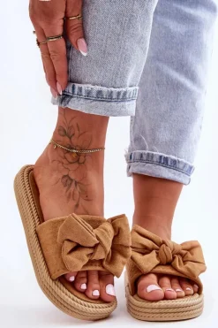 New Boto Damskie Zamszowe Klapki Z Kokardą Camel Fency