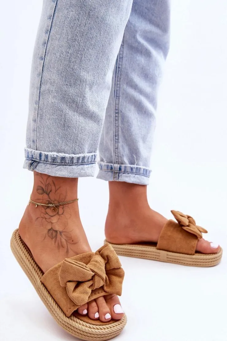 New Boto Damskie Zamszowe Klapki Z Kokardą Camel Fency