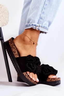 Boto Klapki Damskie Klasyczne*Damskie Zamszowe Klapki Z Ozdobą Czarne Nemis