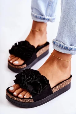 Boto Klapki Damskie Klasyczne*Damskie Zamszowe Klapki Z Ozdobą Czarne Nemis