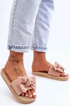 Boto Klapki Damskie Klasyczne*Damskie Zamszowe Klapki Z Kokardą Różowe Fency