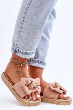 Boto Klapki Damskie Klasyczne*Damskie Zamszowe Klapki Z Kokardą Różowe Fency