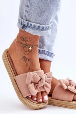 Boto Klapki Damskie Klasyczne*Damskie Zamszowe Klapki Z Kokardą Różowe Fency