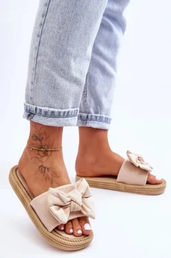 Damskie Boto Damskie Zamszowe Klapki Z Kokardą Beżowe Fency