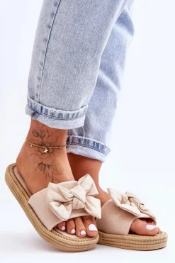 Damskie Boto Damskie Zamszowe Klapki Z Kokardą Beżowe Fency