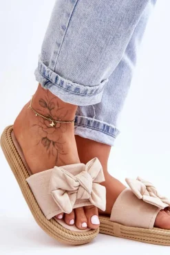 Damskie Boto Damskie Zamszowe Klapki Z Kokardą Beżowe Fency