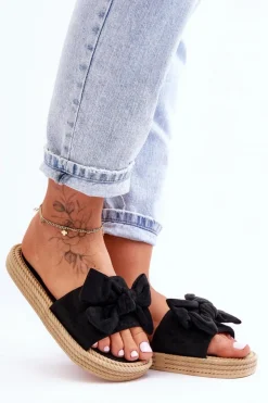 Damskie Boto Damskie Zamszowe Klapki Z Kokardą Czarne Fency