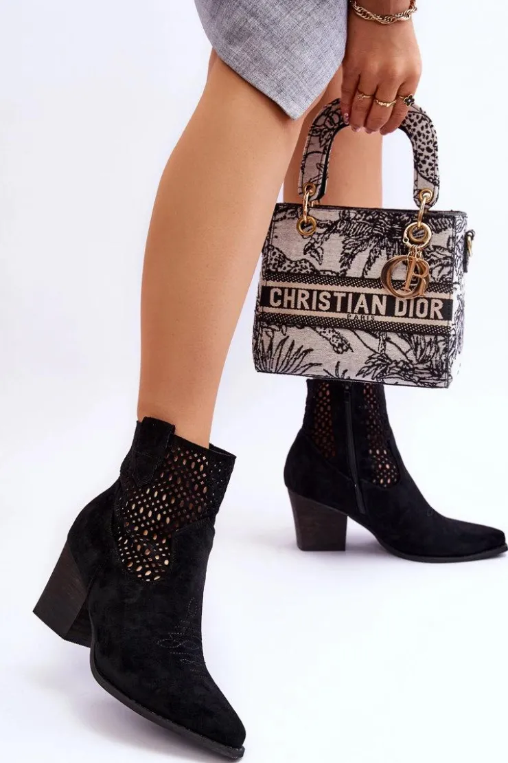 New Boto Damskie Zamszowe Kowbojki Botki Na Słupku Czarne Norvella