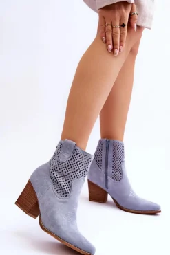 Damskie Boto Damskie Zamszowe Kowbojki Botki Na Słupku Jasnoniebieskie Norvella