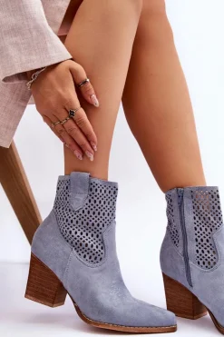 Damskie Boto Damskie Zamszowe Kowbojki Botki Na Słupku Jasnoniebieskie Norvella