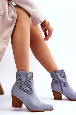 Damskie Boto Damskie Zamszowe Kowbojki Botki Na Słupku Jasnoniebieskie Norvella