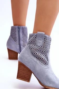 Damskie Boto Damskie Zamszowe Kowbojki Botki Na Słupku Jasnoniebieskie Norvella