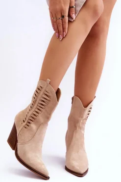 Online Boto Damskie Zamszowe Kowbojki Botki Na Suwak Beżowe Lanna