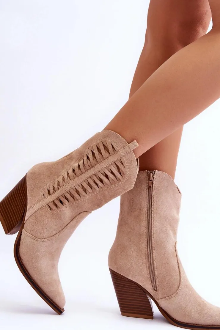 Online Boto Damskie Zamszowe Kowbojki Botki Na Suwak Beżowe Lanna