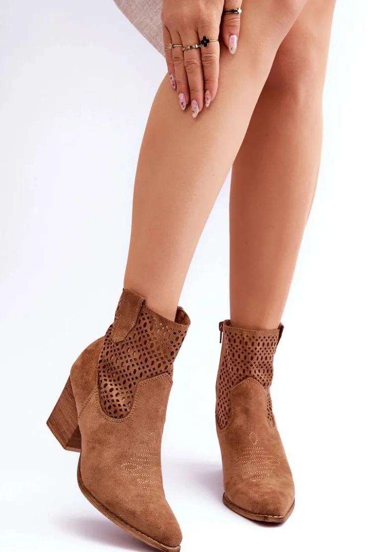 Boto Botki Wiosenne|Botki Na Słupku*Damskie Zamszowe Kowbojki Botki Na Słupku Brązowe Norvella