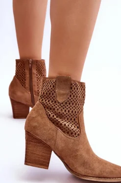 Boto Botki Wiosenne|Botki Na Słupku*Damskie Zamszowe Kowbojki Botki Na Słupku Brązowe Norvella