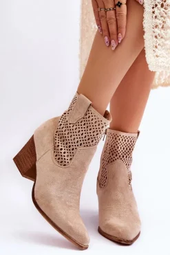 Boto Botki Wiosenne|Botki Na Słupku*Damskie Zamszowe Kowbojki Botki Na Słupku Beżowe Norvella