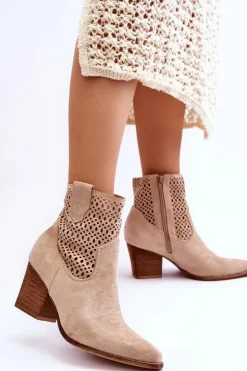 Boto Botki Wiosenne|Botki Na Słupku*Damskie Zamszowe Kowbojki Botki Na Słupku Beżowe Norvella