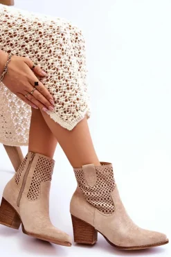 Boto Botki Wiosenne|Botki Na Słupku*Damskie Zamszowe Kowbojki Botki Na Słupku Beżowe Norvella