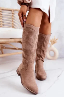 Damskie buty S.Barski Kozaki Wiosenne|Kozaki Ażurowe*Damskie Zamszowe Kozaki Ażurowe Beżowe Thessie