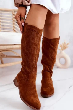 Damskie buty S.Barski Kozaki Wiosenne|Kozaki Ażurowe*Damskie Zamszowe Kozaki Ażurowe Camel Thessie