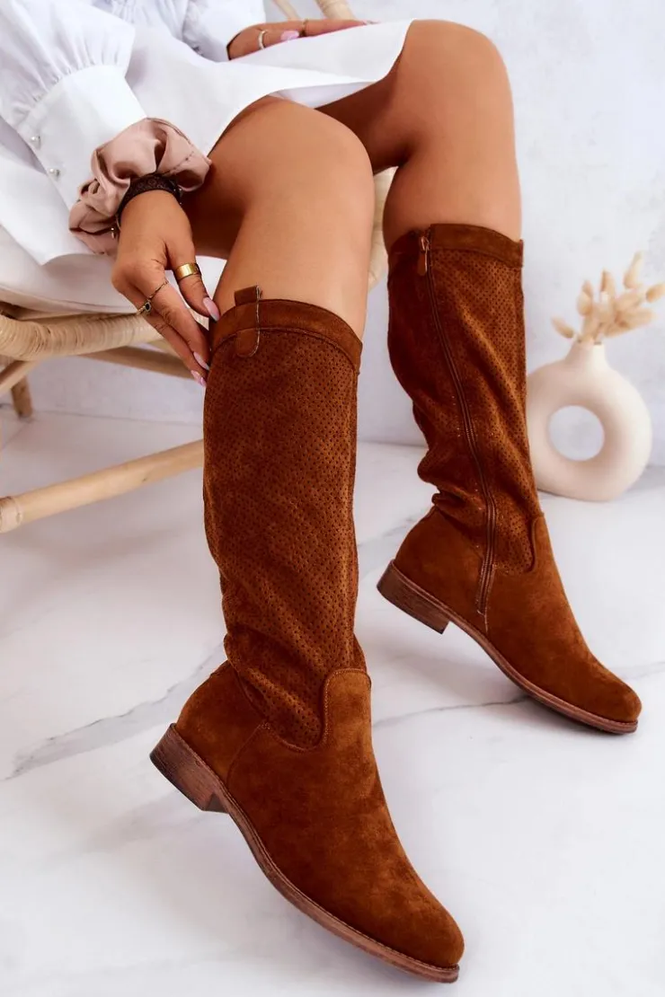 Damskie buty S.Barski Kozaki Wiosenne|Kozaki Ażurowe*Damskie Zamszowe Kozaki Ażurowe Camel Thessie