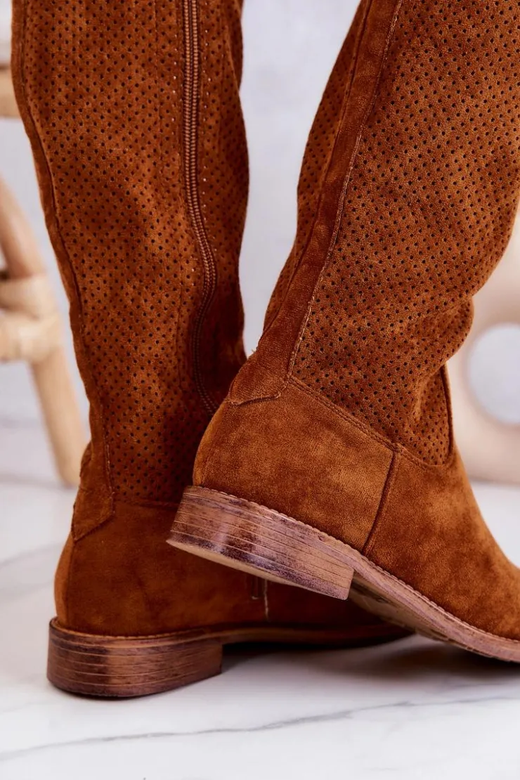 Damskie buty S.Barski Kozaki Wiosenne|Kozaki Ażurowe*Damskie Zamszowe Kozaki Ażurowe Camel Thessie