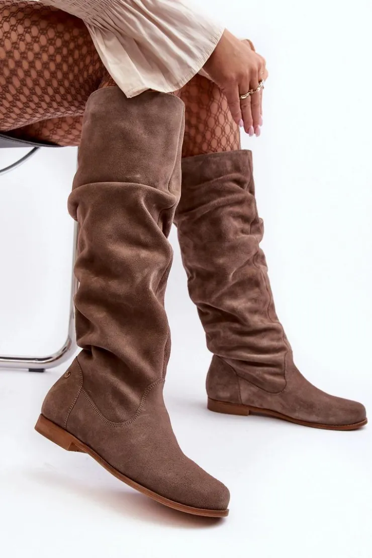 Damskie Maciejka Damskie Zamszowe Kozaki Do Kolan 05790-04 Beżowe