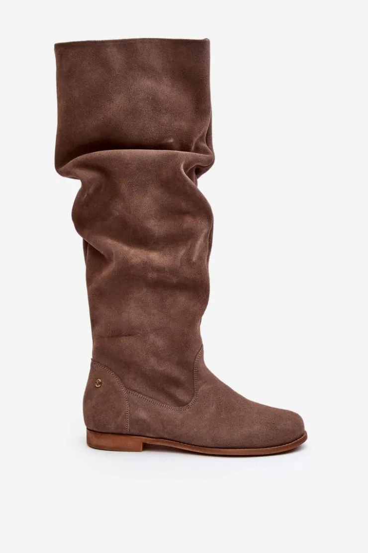 Damskie Maciejka Damskie Zamszowe Kozaki Do Kolan 05790-04 Beżowe