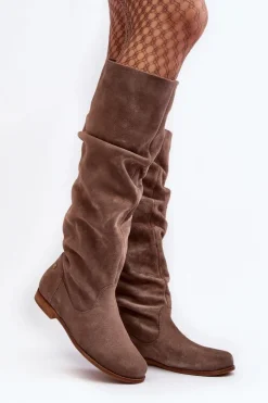 Damskie Maciejka Damskie Zamszowe Kozaki Do Kolan 05790-04 Beżowe