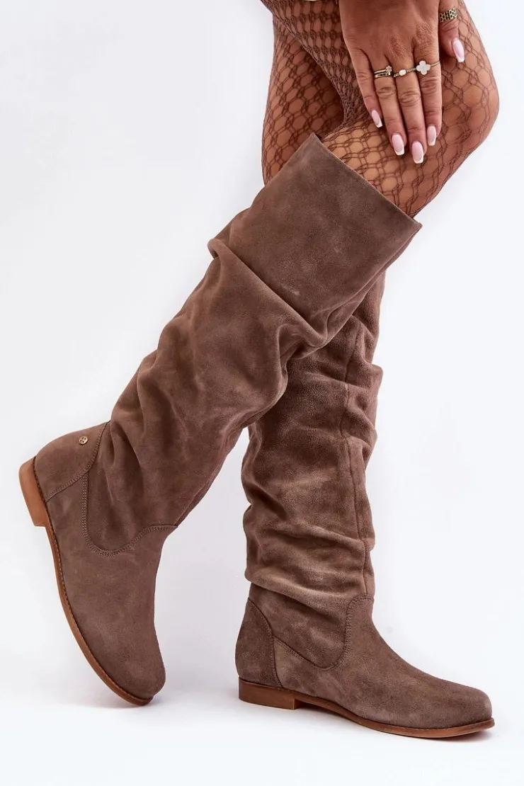 Damskie Maciejka Damskie Zamszowe Kozaki Do Kolan 05790-04 Beżowe