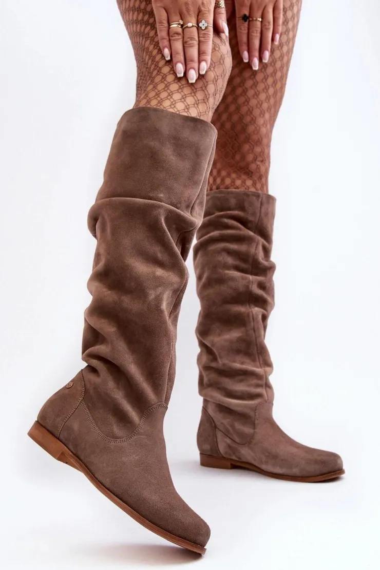 Damskie Maciejka Damskie Zamszowe Kozaki Do Kolan 05790-04 Beżowe