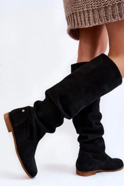 Maciejka Kozaki Wiosenne|Kozaki Płaskie*Damskie Zamszowe Kozaki Do Kolan 05790-01 Czarne
