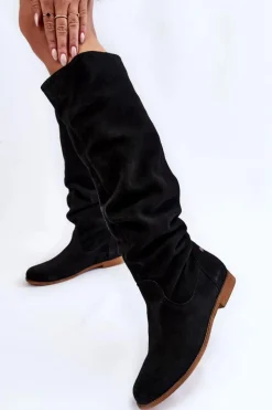 Maciejka Kozaki Wiosenne|Kozaki Płaskie*Damskie Zamszowe Kozaki Do Kolan 05790-01 Czarne