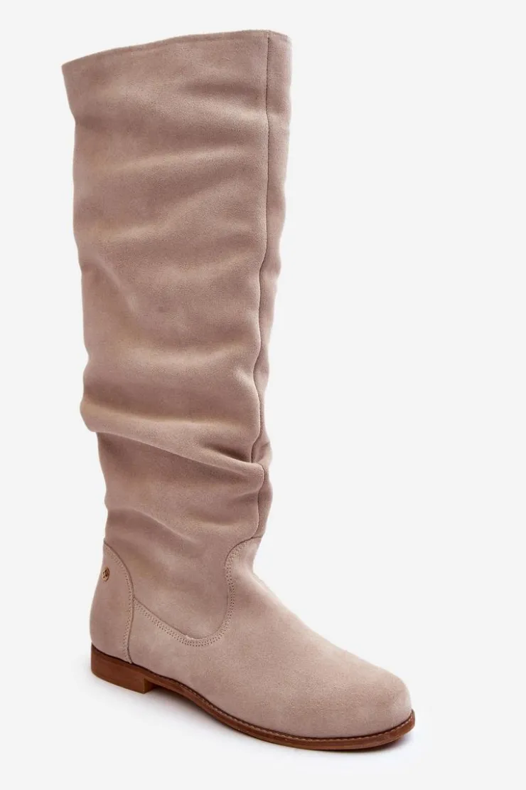 Maciejka Kozaki Wiosenne|Kozaki Płaskie*Damskie Zamszowe Kozaki Do Kolan 05790-22 Jasnobeżowe