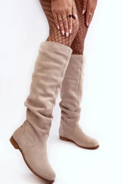 Maciejka Kozaki Wiosenne|Kozaki Płaskie*Damskie Zamszowe Kozaki Do Kolan 05790-22 Jasnobeżowe