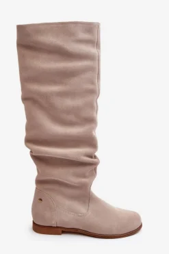 Maciejka Kozaki Wiosenne|Kozaki Płaskie*Damskie Zamszowe Kozaki Do Kolan 05790-22 Jasnobeżowe