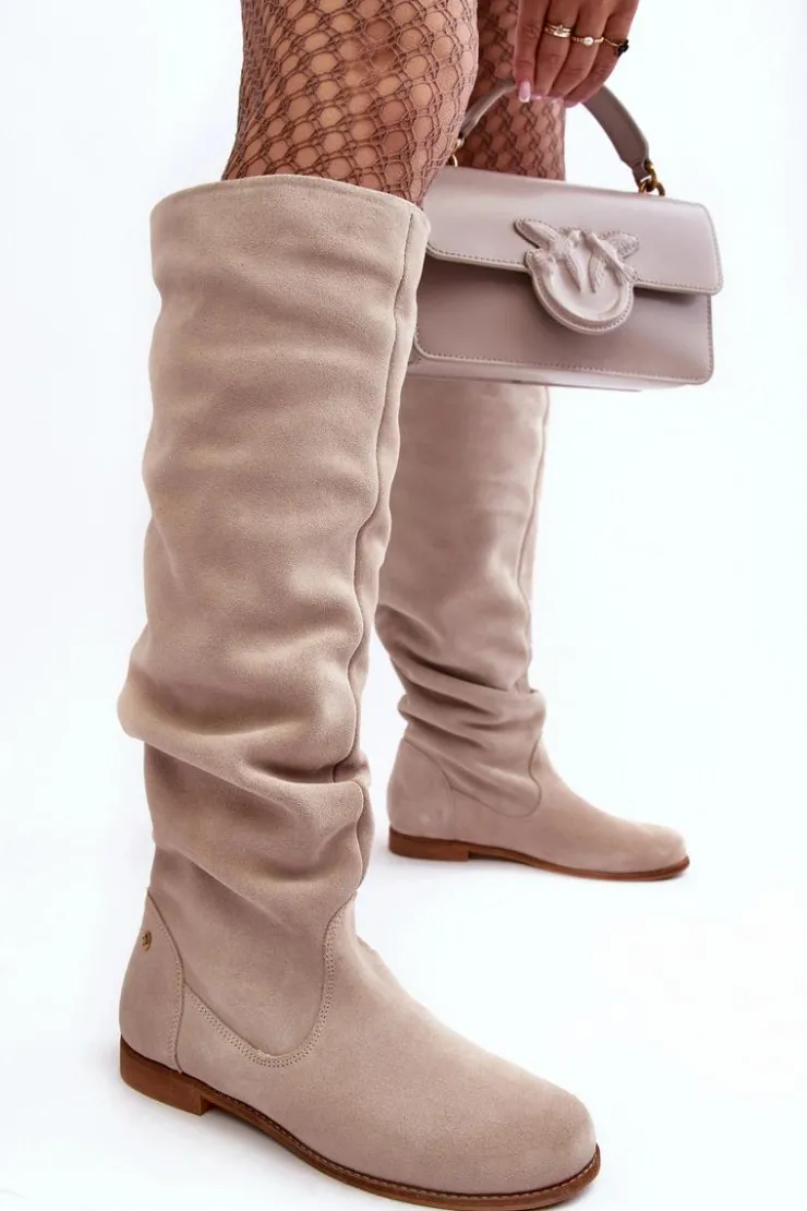 Maciejka Kozaki Wiosenne|Kozaki Płaskie*Damskie Zamszowe Kozaki Do Kolan 05790-22 Jasnobeżowe