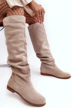 Maciejka Kozaki Wiosenne|Kozaki Płaskie*Damskie Zamszowe Kozaki Do Kolan 05790-22 Jasnobeżowe
