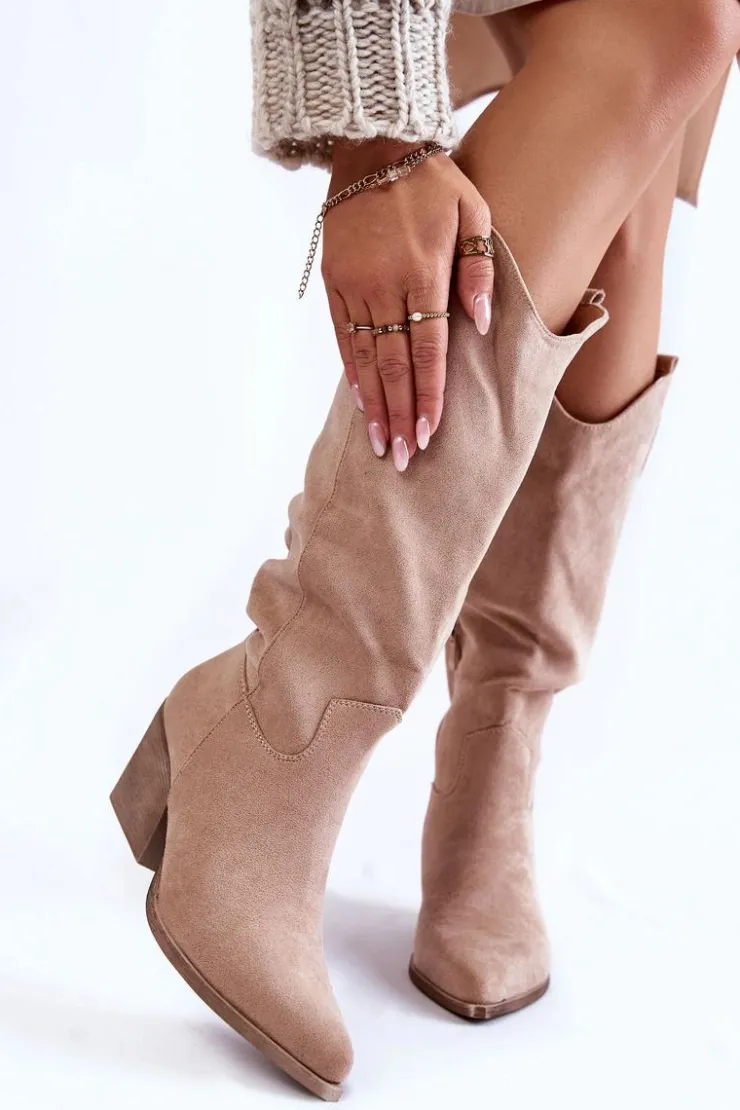 Boto Kozaki Przed Kolano|Kozaki Na Obcasie*Damskie Zamszowe Kozaki Kowbojki Beżowe Alaina