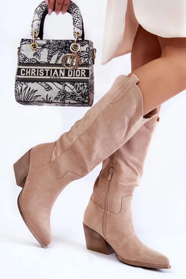 Boto Kozaki Przed Kolano|Kozaki Na Obcasie*Damskie Zamszowe Kozaki Kowbojki Beżowe Alaina