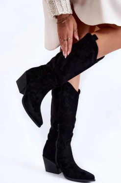 Sale Boto Damskie Zamszowe Kozaki Kowbojki Czarne Alaina