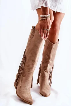 Damskie Boto Damskie Zamszowe Kozaki Kowbojki Z Frędzlami Beżowe Simplo