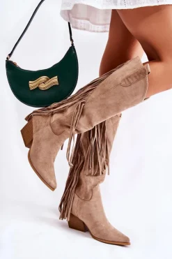 Damskie Boto Damskie Zamszowe Kozaki Kowbojki Z Frędzlami Beżowe Simplo