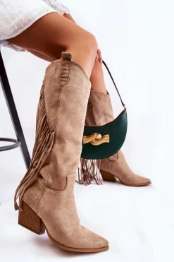 Damskie Boto Damskie Zamszowe Kozaki Kowbojki Z Frędzlami Beżowe Simplo