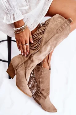 Damskie Boto Damskie Zamszowe Kozaki Kowbojki Z Frędzlami Beżowe Simplo