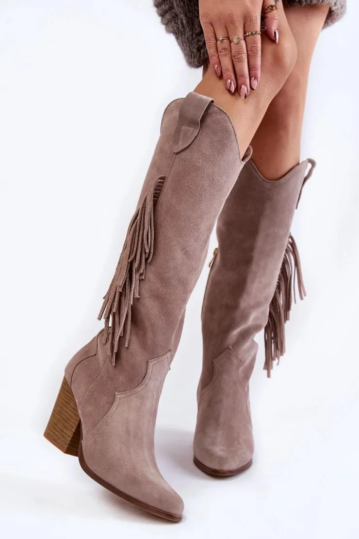 Boto Kozaki Wiosenne|Kozaki Przed Kolano*Damskie Zamszowe Kozaki Kowbojki Lewski 3094/F Szare