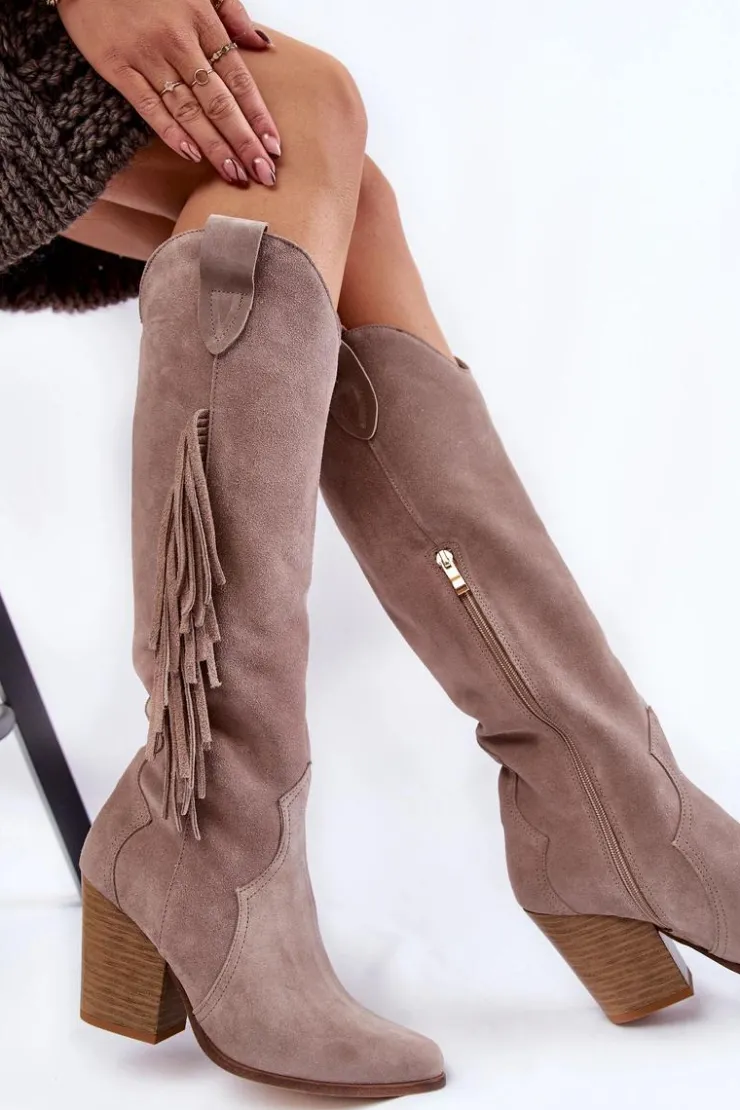 Boto Kozaki Wiosenne|Kozaki Przed Kolano*Damskie Zamszowe Kozaki Kowbojki Lewski 3094/F Szare