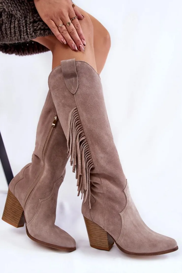 Boto Kozaki Wiosenne|Kozaki Przed Kolano*Damskie Zamszowe Kozaki Kowbojki Lewski 3094/F Szare